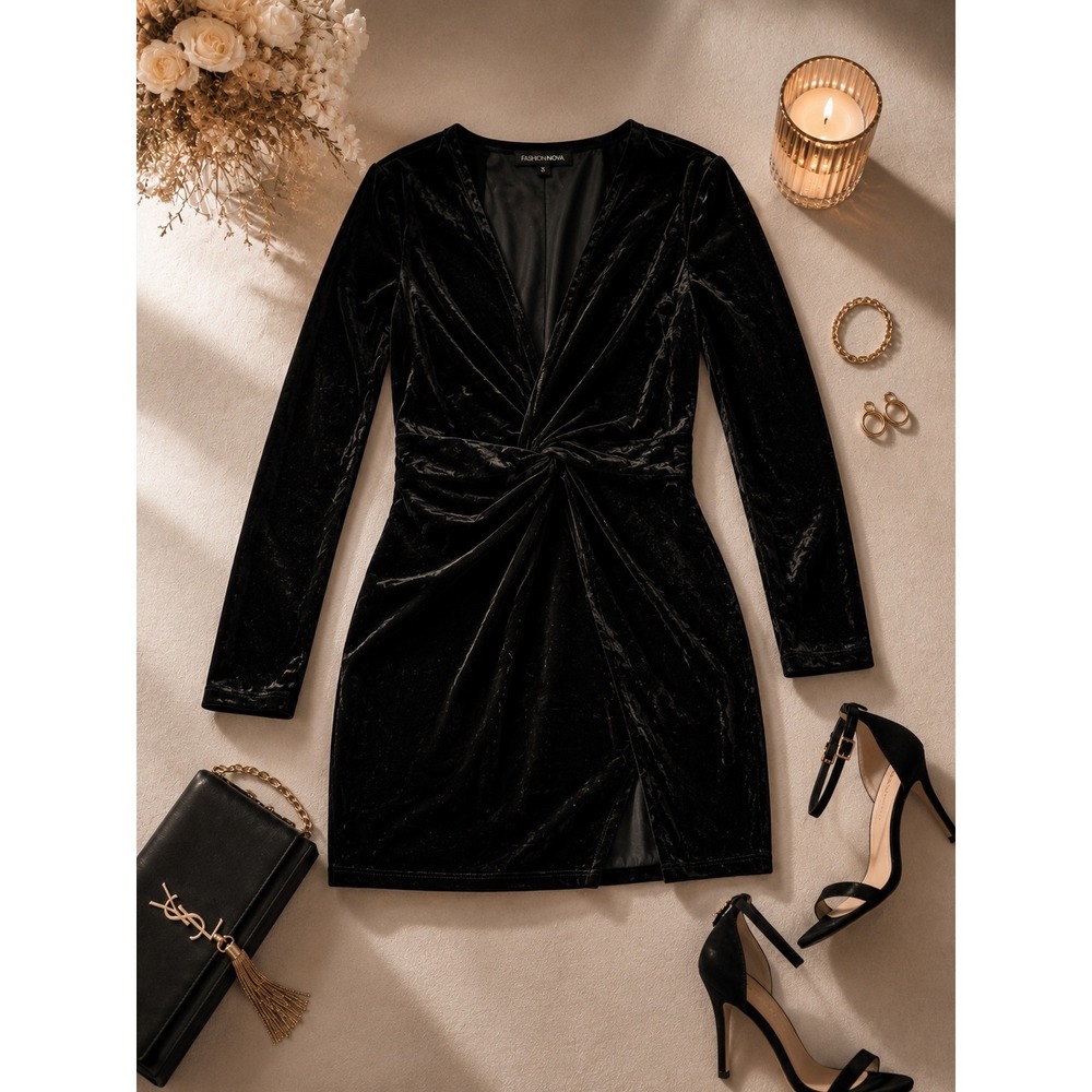 Fashion Nova Womens Black Velvet Twist Front V-Neck Midi Dress XL Knotted NWT